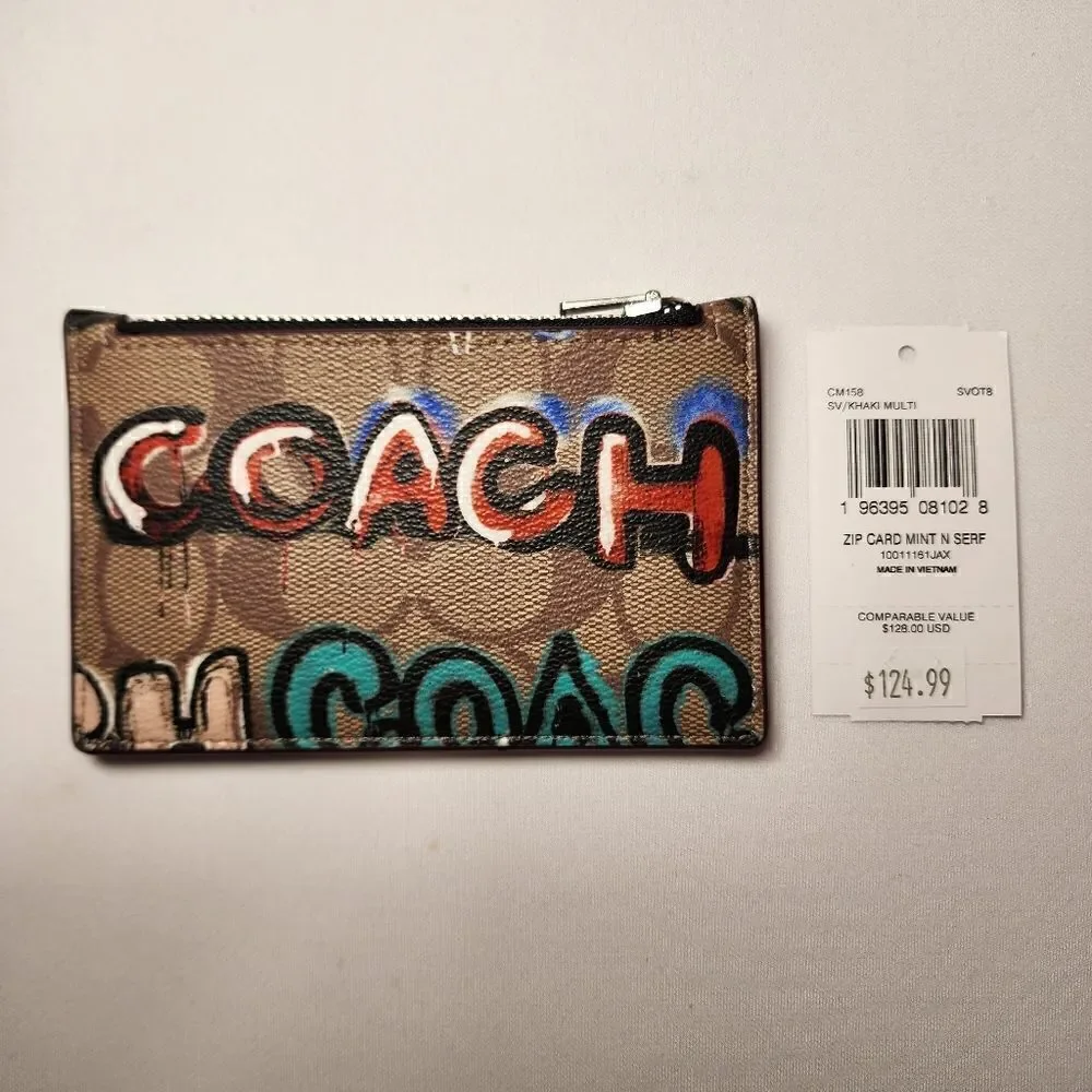 NWT CM158 Coach X Mint + Serf Zip Card Case Graffiti Signature Canvas